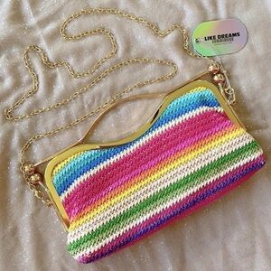 Brand New Like Dreams Multicolored Straw Double Snap Close Chain Crossbody Purse